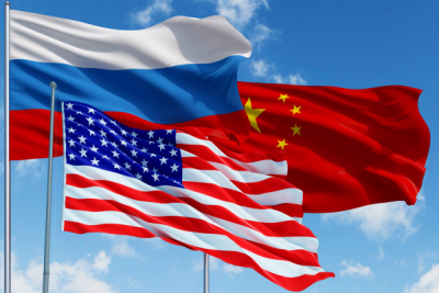 Показана карта предполагаемого раздела мира между Россией, США и Китаем